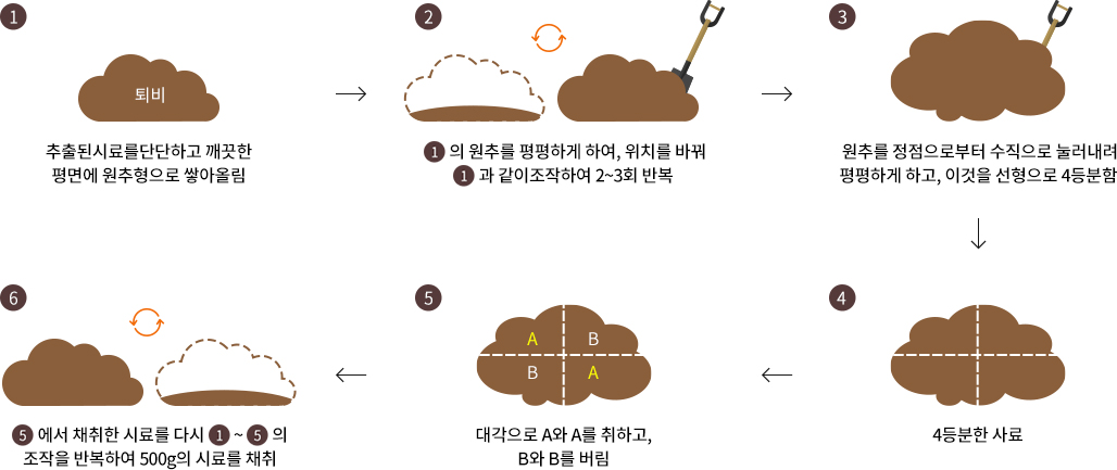 1)추출된 시료를 단단하고 깨끗한 평면에 원추형으로 쌓아올림. 2)1의 원추를 평평하게 하여, 위치를 바꿔 1과 같이 조작하여 2~3회 반복. 3)원추를 정점으로부터 수직으로 눌러내려 평평하게 하고, 이것을 선형으로 4등분함. 4)4등분한 사료. 5)대각으로 A와 A를 취하고, B와 B를 버림. 6)5에서 채취한 시료를 다시 1~5의 조작을 반복하여 500g의 시료를 채취