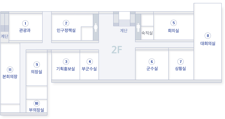 진도군청사 2층에는 관광과, 인구정책실, 본회의장, 의장실, 기획홍보실, 부군수실, 부의장실, 회의실, 군수실, 상황실, 대회의실, 숙직실, 계단, 화장실이 위치해있습니다.