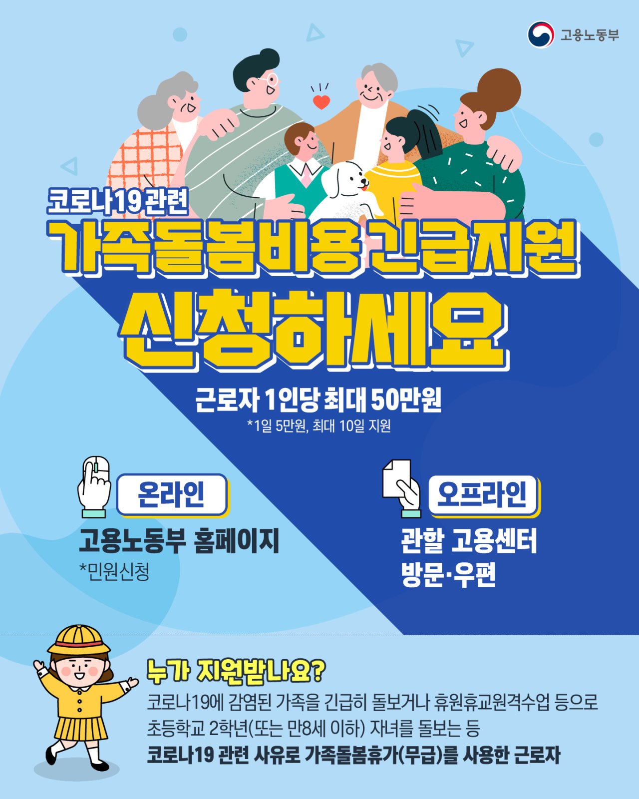 (고용노동부)코로나19 관련 가족돌봄비용 긴급지원 신청 이미지