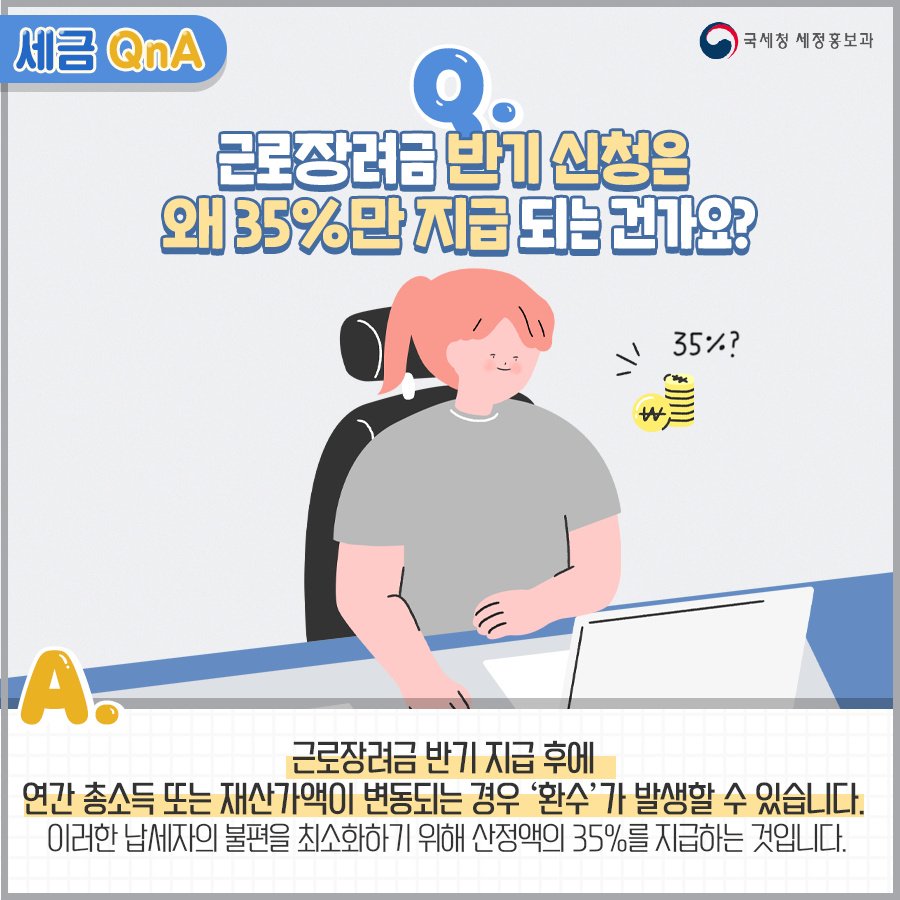 (국세청)[세금 Q&A]Q. 반기 근로장려금은 왜 35%만 지급되나요? 이미지