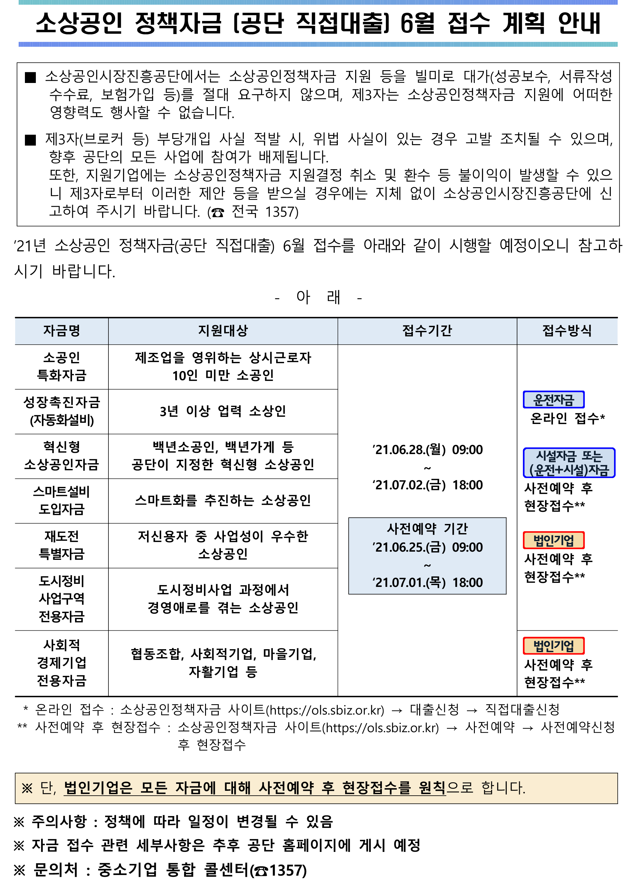 (소상공인시장진흥공단)소상공인 정책자금(공단 직접) 6월 접수 계획 안내 이미지