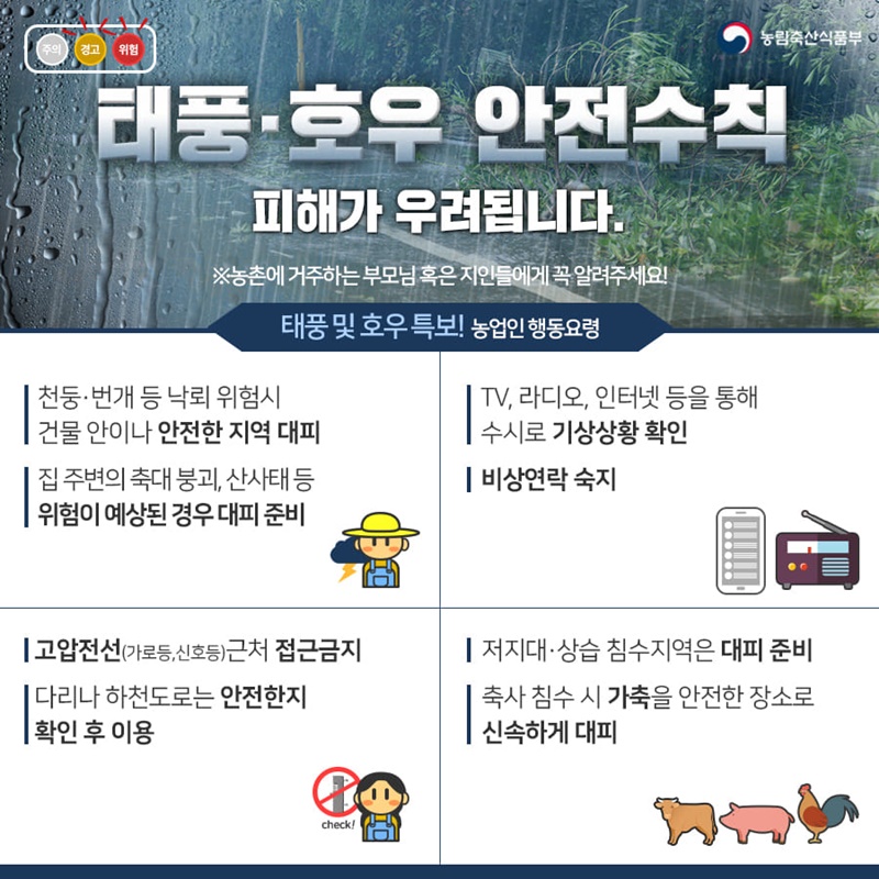 (농림축산식품부) 태풍·호우 발생 시 이렇게 행동하세요! - 농업인 행동요령 이미지