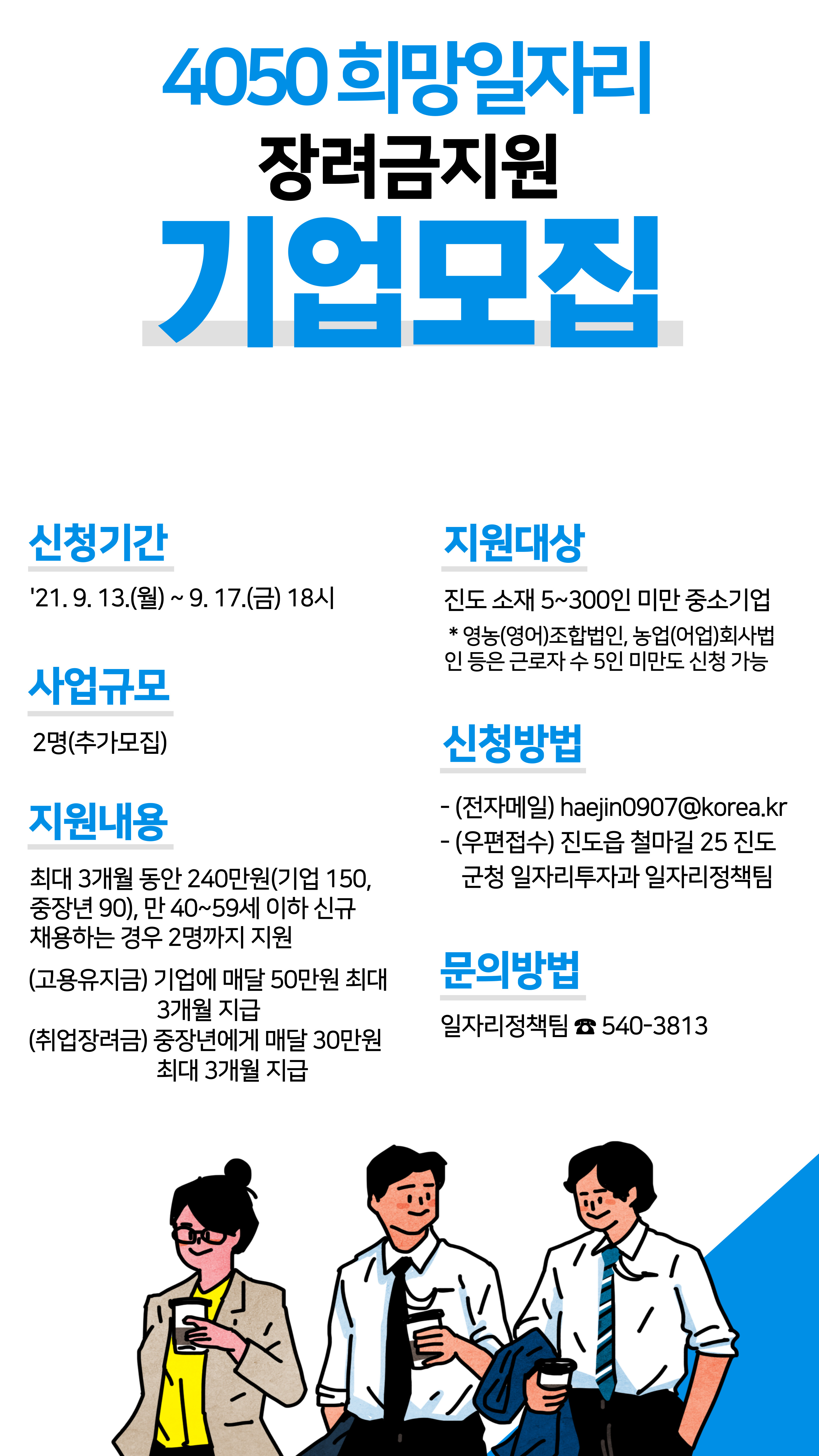 (진도군청 일자리투자과)2021년 「4050 희망 일자리장려금 지원」 참여기업 추가모집 공고 이미지