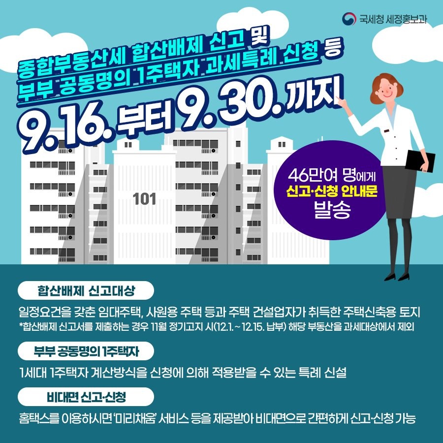 (국세청)종합부동산세 합산배제 신고 및 부부 공동명의 1주택자 과세특례 신청 등(9월16일부터 9월30일까지) 이미지