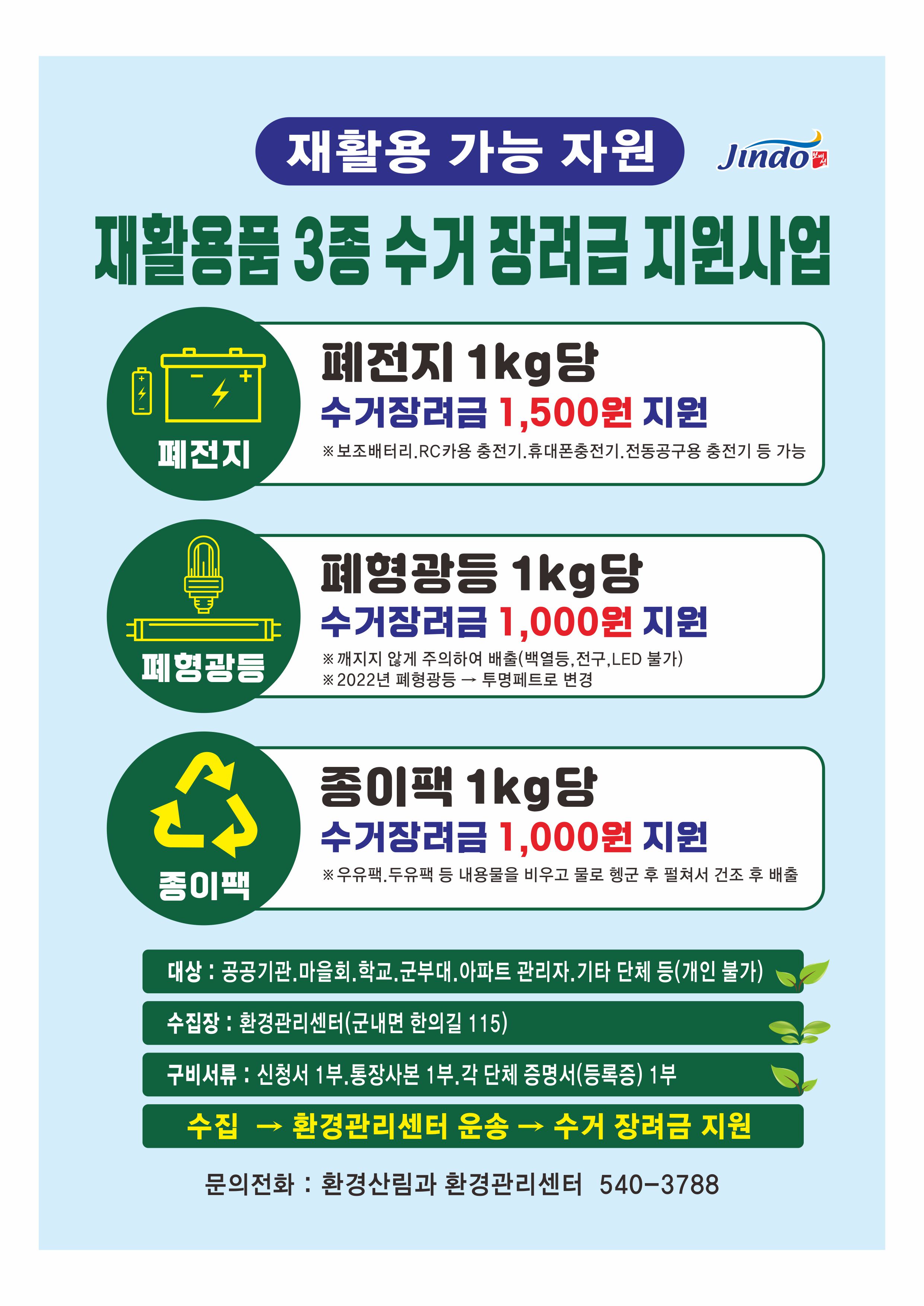 (진도군청 환경산림과)재활용품 수거보상금 지원 안내 이미지