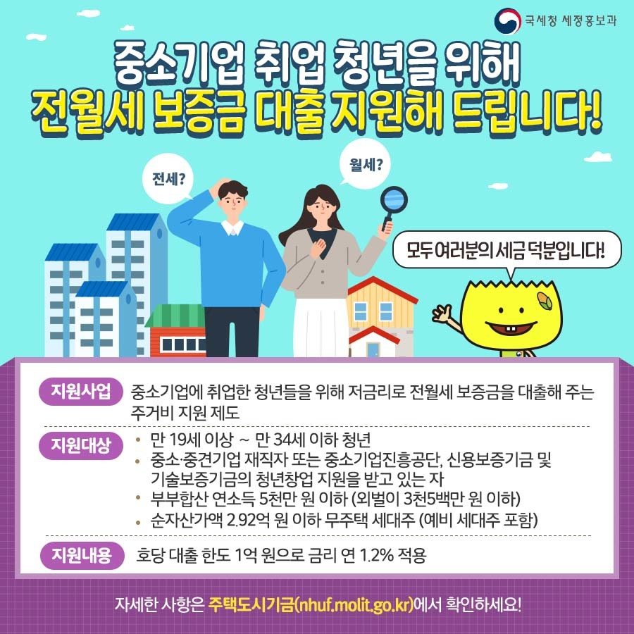 (국세청)중소기업 취업 청년을 위해 전월세 보증금 지원해 드립니다! 여러분의_세금_덕분입니다 이미지